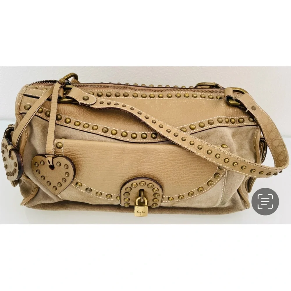 Luella Cognac studded large genuine suede duffel bag